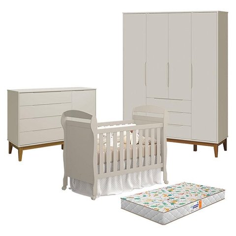 Quarto de Bebê 4 Portas com Cômoda com Porta Elfe Classic e Berço Americano Danny Areia Acetinado