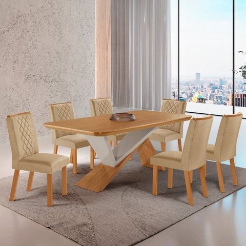 Conjunto Mesa de Jantar Mesa com 6 Cadeiras MDF Kate Marrom Off White