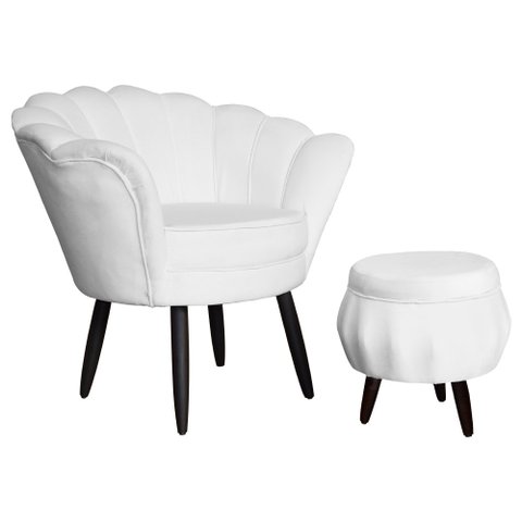 Conjunto Poltrona Estofada Com Puff Sala de Estar Pétala Suede Branco - LM DECOR