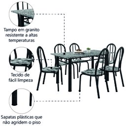 Conjunto Sala de Jantar Mesa Sara com 6 Cadeiras Diva 1,40m Granito Preto Craquelado/folha Artefamol - 8 Conjunto Sala de Jantar Mesa Sara com 6 Cadeiras Diva 1,40m Granito Preto Craquelado/folha Artefamol - 8