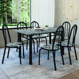 Conjunto Sala de Jantar Mesa Sara com 6 Cadeiras Diva 1,40m Granito Preto Craquelado/folha Artefamol - 2 Conjunto Sala de Jantar Mesa Sara com 6 Cadeiras Diva 1,40m Granito Preto Craquelado/folha Artefamol - 2