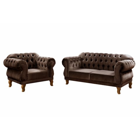 Kit Namoradeira Duquesa Chesterfield 2 Lugares + 1 Poltrona - Veludo Marrom