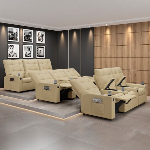 Poltrona do Papai Reclinável Sala de Cinema Movie 3 Lugares Manual Baú USB Veludo Bege Gran Belo Mov