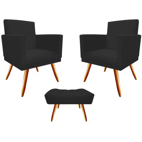 Kit 2 Poltronas Decorativa Nina + Puff Retangular Suede Preto Pés Madeira Mz Decor