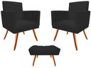 Ver imagem 1 de Kit 2 Poltronas Decorativa Nina + Puff Retangular Suede Preto Pés Madeira Mz Decor