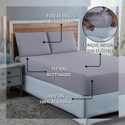 Jogo de Cama Lençol Queen 300 Fios Algodão 4 Peças Conjunto com Elástico e Fronhas:cinza - 5