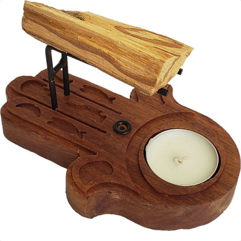 Incensário de Palo Santo Mão de Fátima Hamsá 1 Vela 1 Palo