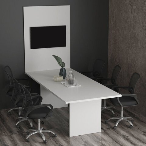 Kit com Mesa para Reunião 6 Lugares e Painel para TV até 37 Polegadas Branco