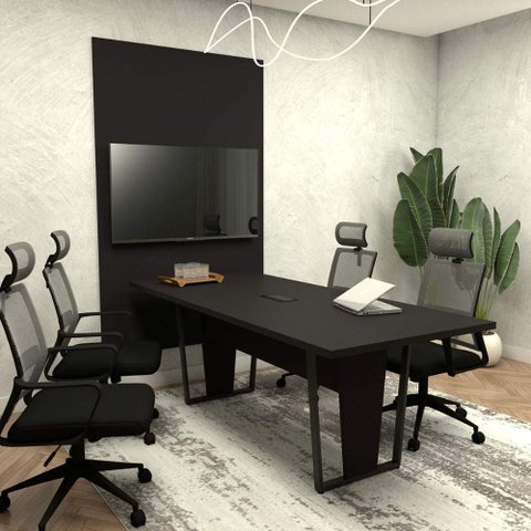 Conjunto Escritório Mesa 2m Caixa Tomada e Painel Tv Pre F5 Cor:preto
