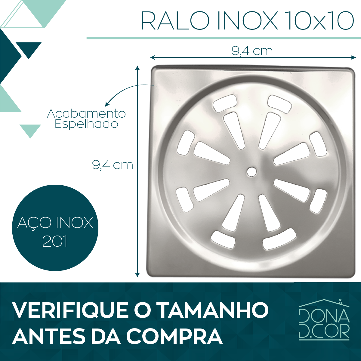 Tampa Ralo Grelha Banheiro 10x10 Inox 201 Quadrado 100mm - 2