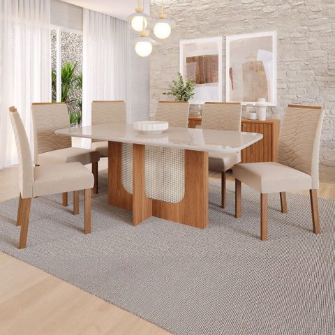 Mesa de Jantar 6 Lugares Louise Clarice com Vidro Cinamomo/off White/nude - Cimol