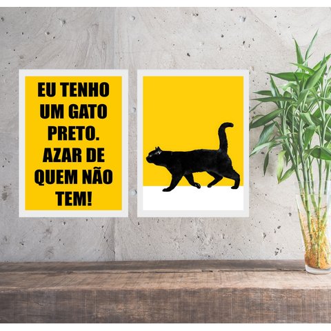 Kit 2 Quadros Eu Tenho Um Gato Preto 45x34cm:moldura Branca