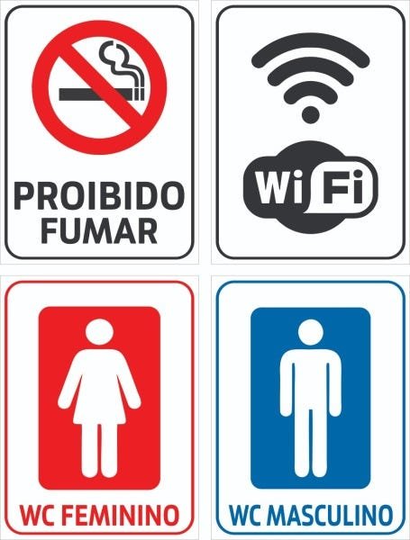 Kit 4 Placas sinalização interna Banheiros, Proibido Fumar e Wifi - 1