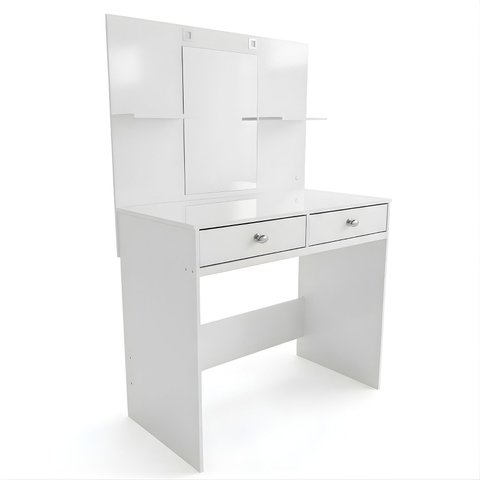 Penteadeira Camarim Glamour 90cm MDF Espelho 2 Leds 2 Gavetas Telescópicas 2 Prateleiras - Branco