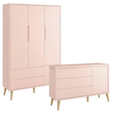 Guarda Roupa Infantil 3 Portas e Cômoda Theo 1 Porta Rosa com Pés Madeira Natural – Reller