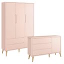 Ver imagem 1 de Guarda Roupa Infantil 3 Portas e Cômoda Theo 1 Porta Rosa com Pés Madeira Natural – Reller