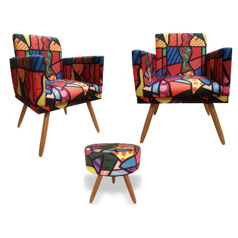 Kit 2 Poltronas Decorativa Nina + Puff Redondo Suede Romero Brito Pés Madeira Ms Decor