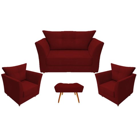 Kit Namoradeira + 2 Poltronas Decorativa Isis + 1 Puff Retangular Suede Marsala Pés Madeira Mz Decor