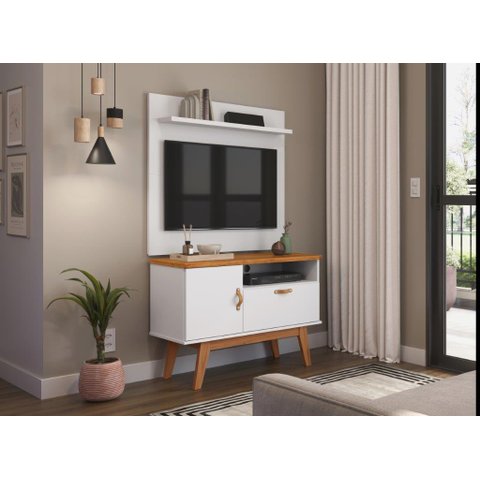 Rack + Painel Si 0.90m Estilo Retrô para Tv até 32'' Polegadas Cor Branco / Cinamomo