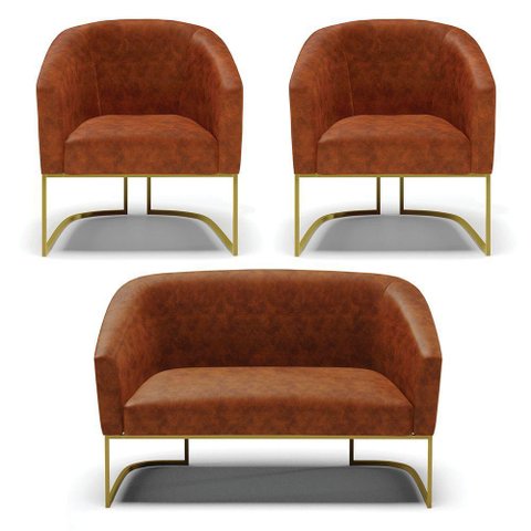 Sofá Namoradeira e 2 Poltronas Base Industrial Dourado Stella Corano D03 - D'Rossi Cor Nozes