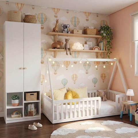 Quarto Montessori Cama com Telhado Giulia e Guarda-Roupa Curió Casatema MadeiraOriginals Branco