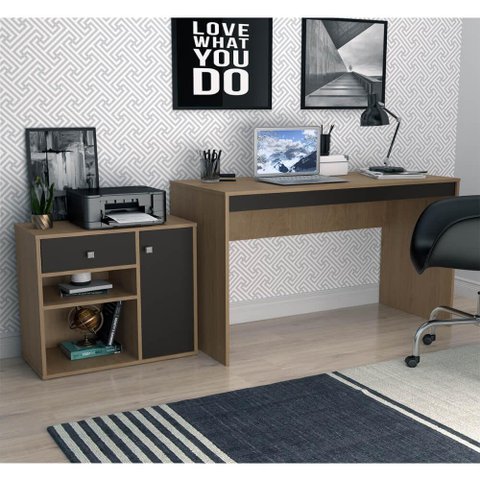 Kit Escritório Ravena com Mesa e Balcão com 1 Porta - Mel/Preto