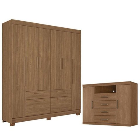 Guarda Roupa Casal Guarapuava 6 Portas de Bater 4 Gavetas MDP Jatobá Acetinado com Cômoda Santos