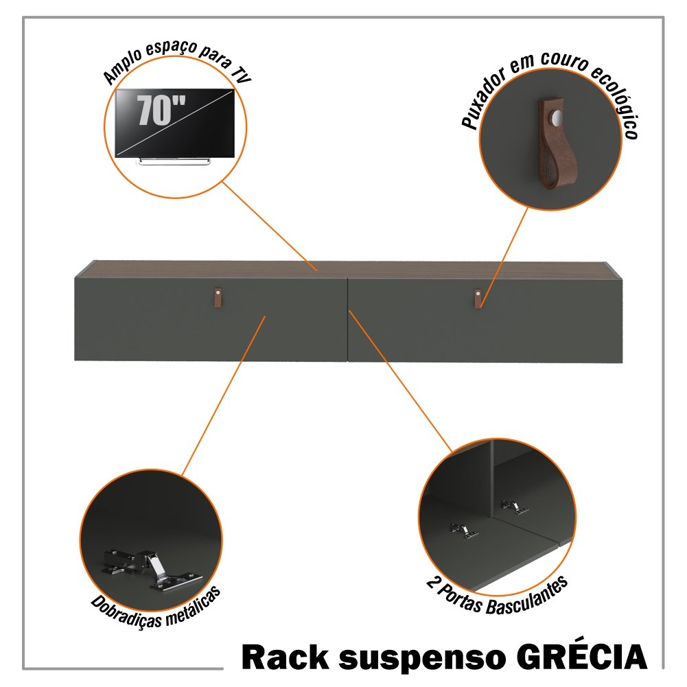 Rack Suspenso para Tv até 70 Polegadas 2 Portas Grécia 180cm - 4