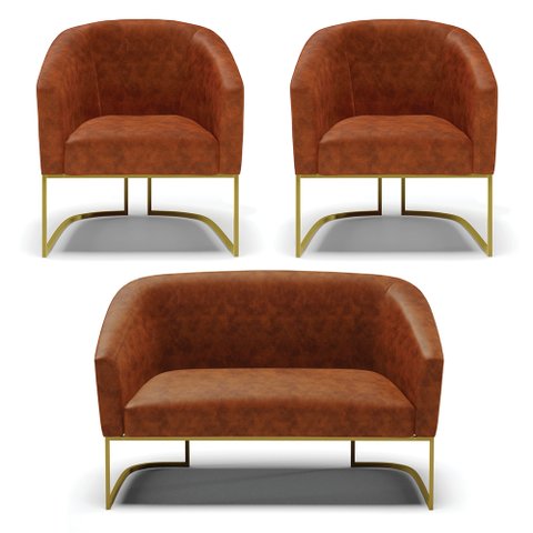 Sofá Namoradeira e 2 Poltronas Base Industrial Dourado Stella Corano Nozes D03 - D'Rossi
