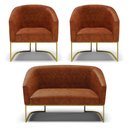 Ver imagem 1 de Sofá Namoradeira e 2 Poltronas Base Industrial Dourado Stella Corano Nozes D03 - D'Rossi