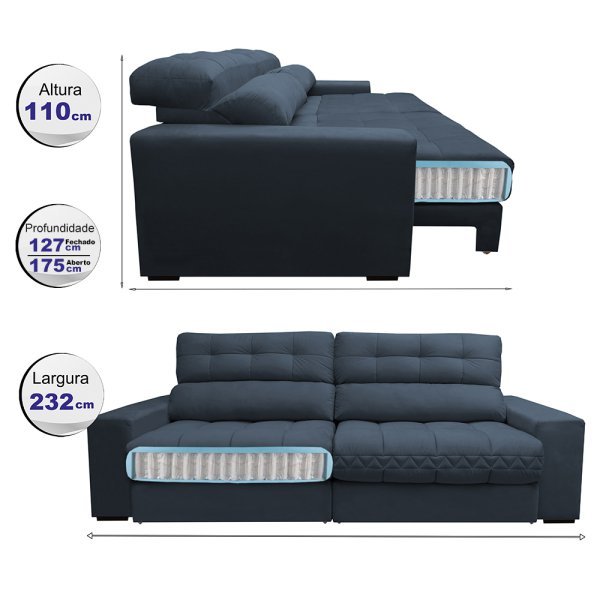 Sofá Retrátil e Reclinável com Molas Ensacadas Cama Inbox Master 2,32M Tecido Suede Azul - 2