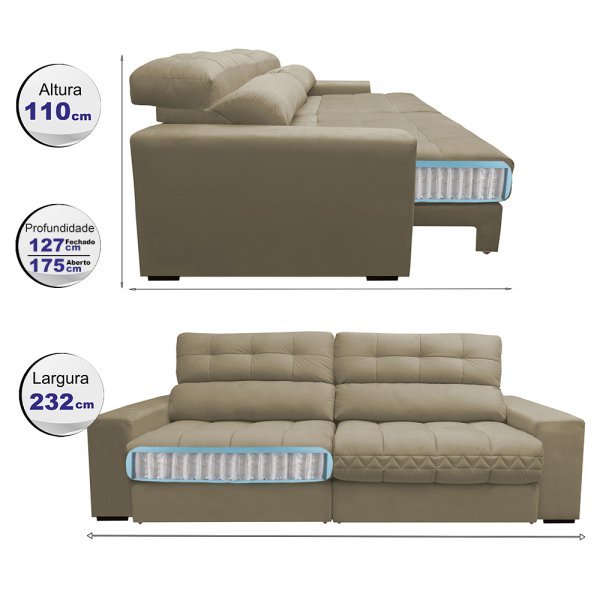 Sofá Retrátil e Reclinável com Molas Ensacadas Cama Inbox Master 2,32M Tecido Suede Bege - 2