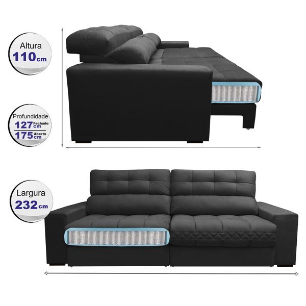 Sofá Retrátil e Reclinável com Molas Ensacadas Cama Inbox Master 2,32M Tecido Suede Preto - 2