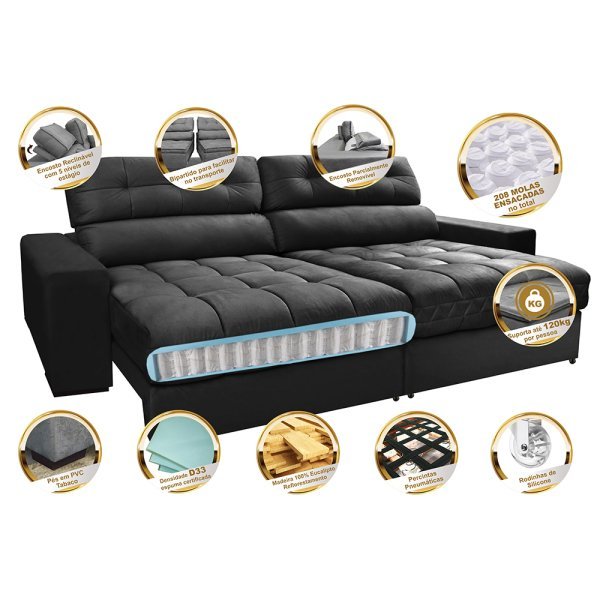 Sofá Retrátil e Reclinável com Molas Ensacadas Cama Inbox Master 2,32M Tecido Suede Preto - 3