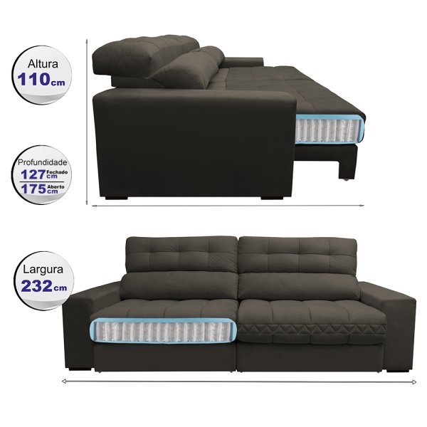 Sofá Retrátil e Reclinável com Molas Ensacadas Cama Inbox Master 2,32M Tecido Suede Café - 2