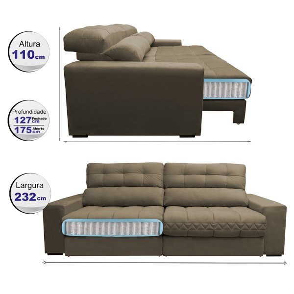 Sofá Retrátil e Reclinável com Molas Ensacadas Cama Inbox Master 2,32M Tecido Suede Castor - 2