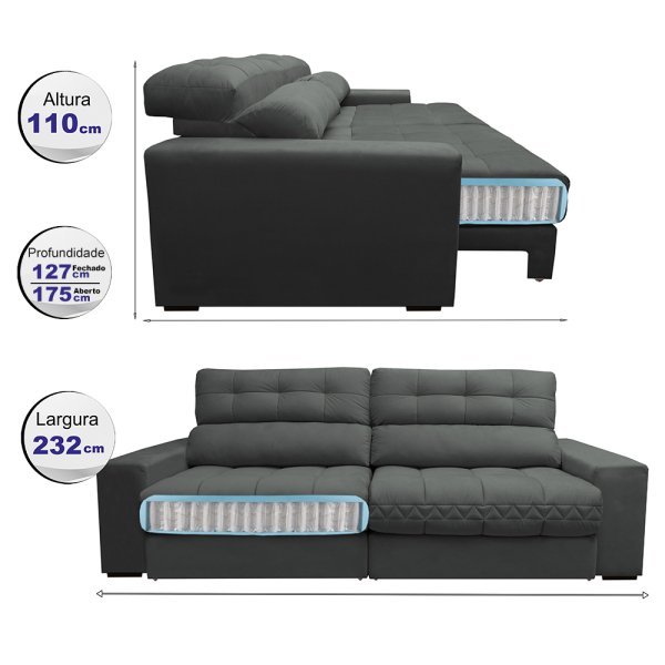 Sofá Retrátil e Reclinável com Molas Ensacadas Cama Inbox Master 2,32M Tecido Suede Cinza - 2