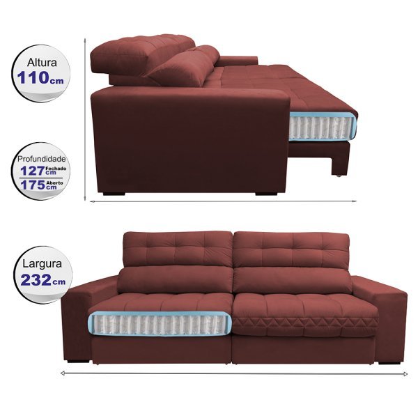 Sofá Retrátil e Reclinável com Molas Ensacadas Cama Inbox Master 2,32M Tecido Suede Vermelho - 2