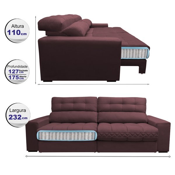 Sofá Retrátil e Reclinável com Molas Ensacadas Cama Inbox Master 2,32M Tecido Suede Vinho - 2