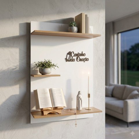 Prateleira Cantinho da Oração Painel Suspenso MDF Branco Amadeirado Letra 3D