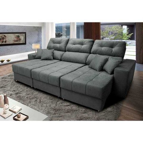 Sofá Retrátil e Reclinável Cama Inbox Diamond 2.72M Tecido Suede Velusoft Cinza