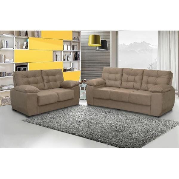 Conjunto de Sofá Luxemburgo 3 e 2 Lugares Tecido Suede Liso Castor - Moveis Marfim