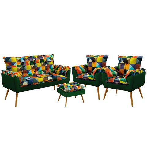 Kit Poltrona Namoradeira e 2 Poltronas Opala com Puff Lunar Suede Estampado Colorido com Verde Arade