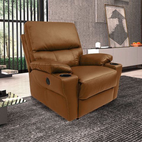 Poltrona do Papai Sala de Cinema Mia Reclinável Retrátil Power Elétrico Base Fixa Couro Caramelo Bri