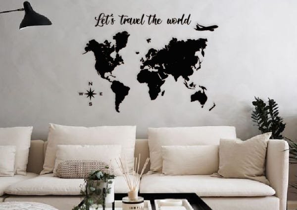 Mapa Mundi + Let'S Travel The World 120x85cm Lettering em Madeira MDF Parede - 1