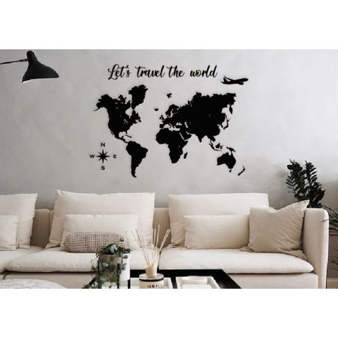 Mapa Mundi + Let'S Travel The World 120x85cm Lettering em Madeira MDF Parede