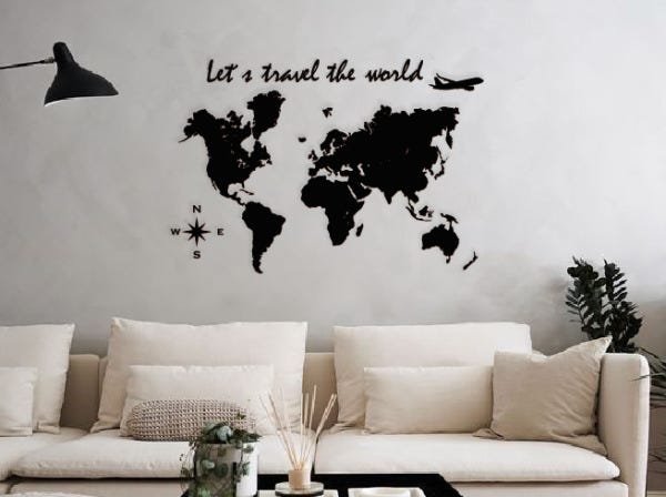 Mapa Mundi + Let'S Travel The World 120x85cm Lettering em Madeira MDF Parede - 3