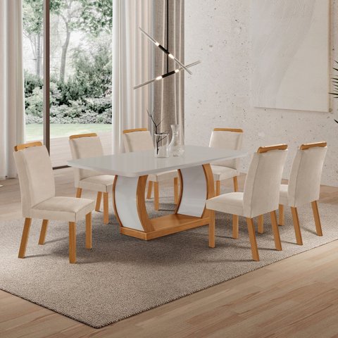Conjunto de Mesa de Jantar Kate 180 Tp MDF Canto Copo 6 Cadeiras Mariana