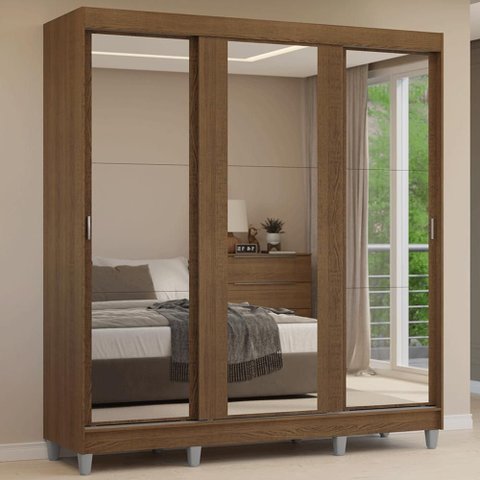 Guarda-Roupa Casal com Pés 3 Portas de Correr de Espelho Reno Madesa