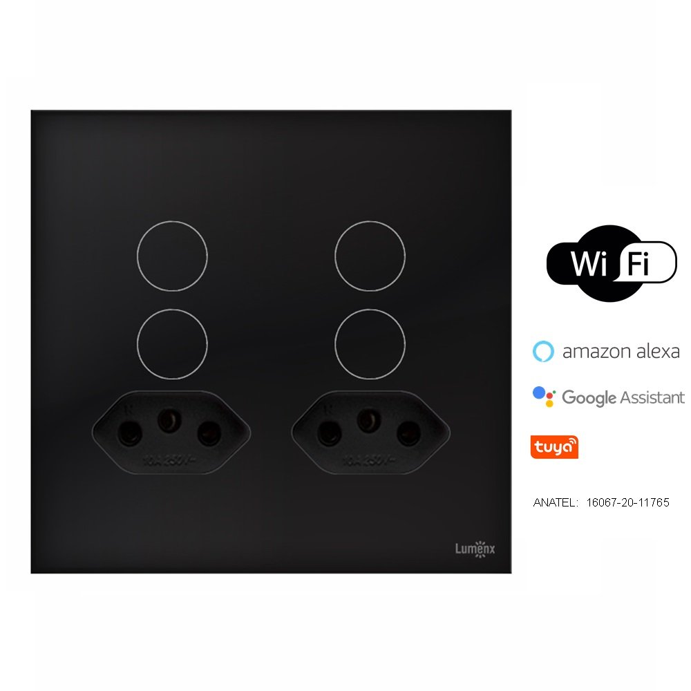 INTERRUPTOR TOUCH LASS 4 BOTÕES WIFI + 2 TOMADAS PRETO LUMENX 4X4 - 1